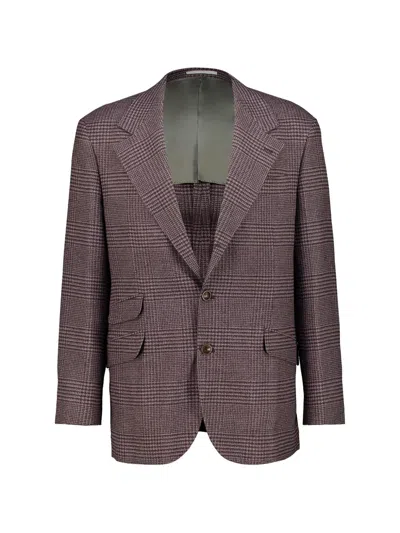 Brunello Cucinelli Prince Of Wales Check Wool Blazer In Brown
