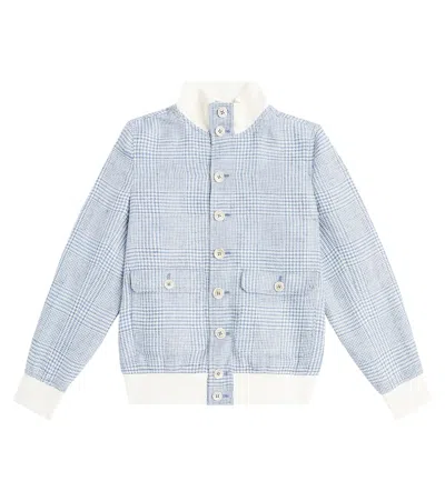 Brunello Cucinelli Kids' Prince Of Wales Checked Linen-blend Jacket In Blue