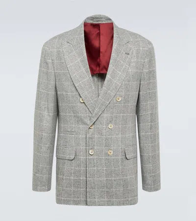 Brunello Cucinelli Prince Of Wales Checked Silk-blend Blazer In Pearl Grey