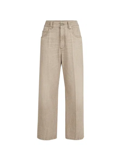 Brunello Cucinelli Prince Of Wales Denim Contemporary Square Trousers With Monili In Neutral