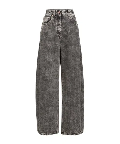 Brunello Cucinelli Prince Of Wales Denim Wide Trousers With Monili In Black