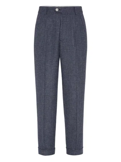 Brunello Cucinelli Prince Of Wales Double-pleated Check Trousers In Blue