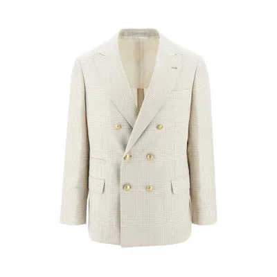 Brunello Cucinelli Prince Of Wales Double-breasted Jacket In White