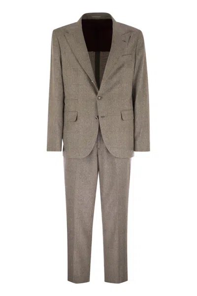 BRUNELLO CUCINELLI BRUNELLO CUCINELLI PRINCE OF WALES FLANNEL SUIT IN SILK, WOOL AND CASHMERE