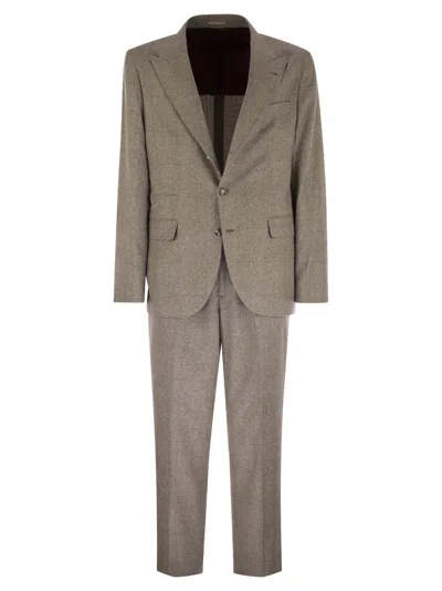Brunello Cucinelli Men Prince Of Wales Flannel Suit In Silk, Wool And Cashmere In Multi