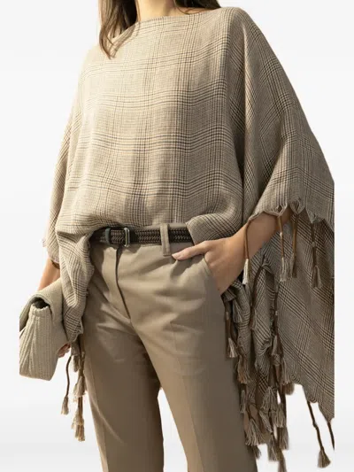 Brunello Cucinelli Prince Of Wales Fringed Poncho In Brown