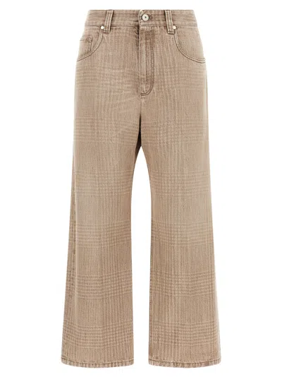 Brunello Cucinelli Prince Of Wales Cropped Wide-leg Jeans In Neutral