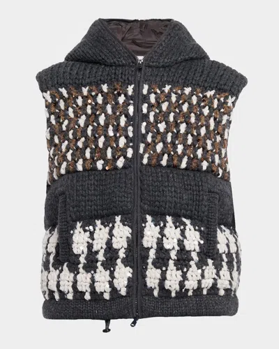 Brunello Cucinelli Prince Of Wales Paillette Cashmere Knit Padded Vest With Hood In Black