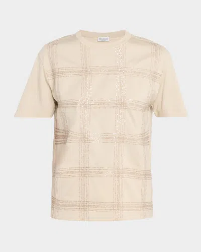 Brunello Cucinelli Prince Of Wales Paillette Cotton Jersey T-shirt In Brown