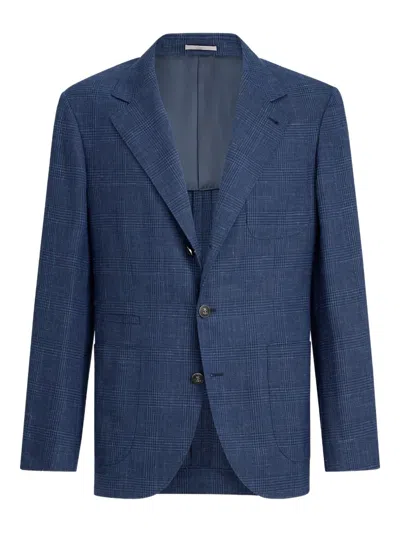 Brunello Cucinelli Prince Of Wales Deconstructed Blazer In Blue