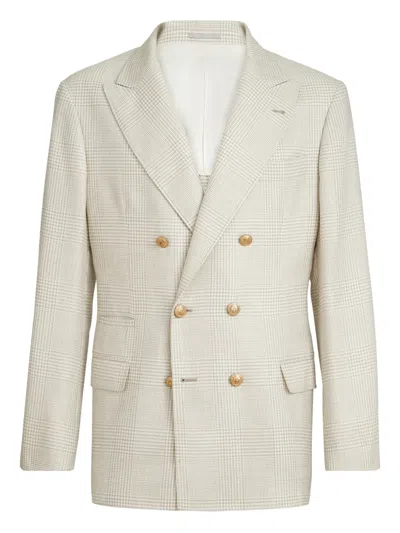 Brunello Cucinelli Double-breasted Prince Of Wales Checked Wool-blend Blazer In Neutral