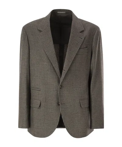 Brunello Cucinelli Prince Of Wales Wool And Cashmere Blazer With Tailored Construction In Black