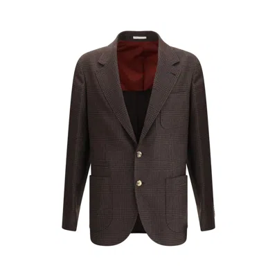 Brunello Cucinelli Prince Of Wales Wool Blazer In Brown