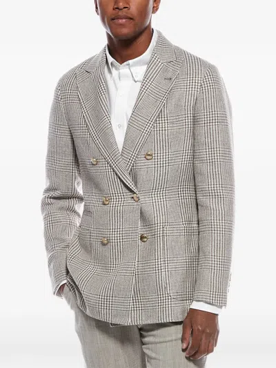 Brunello Cucinelli Prince Of Wales-check Double-breasted Blazer In Gray