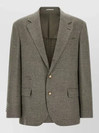 Brunello Cucinelli Prince Wales Single Breasted Wool Cashmere Blazer In Gray