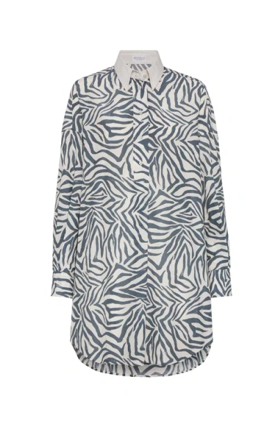 Brunello Cucinelli Print Chemisier Dress In Marine Blue