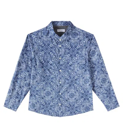 Brunello Cucinelli Kids' Printed Cotton Shirt In Blue