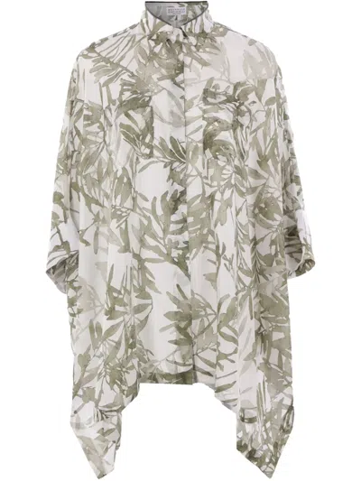 Brunello Cucinelli Asymmetric Printed Silk-twill Shirt In White
