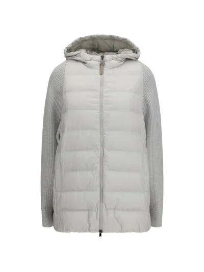 Brunello Cucinelli Long Monili Chain Puffer Jacket In Gray
