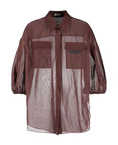 Brunello Cucinelli Puff-sleeve Cotton Blouse In Red