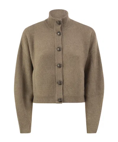 Brunello Cucinelli Pure Cashmere English Rib Cardigan In Brown
