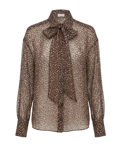 Brunello Cucinelli Pussy-bow Polka-dot Blouse In Animal Print