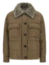 Brunello Cucinelli Quilted Coat With Plush Shearling Collar And Flap Pockets In Brown