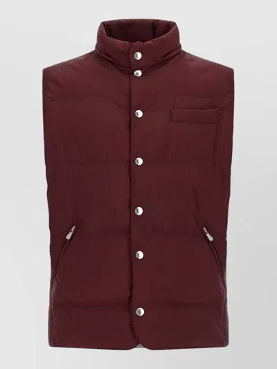 Brunello Cucinelli Quilted Hooded High Neck Technical Vest In Burgundy