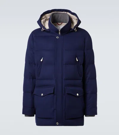 Brunello Cucinelli Wool Down Jacket With Detachable Hood In Blue