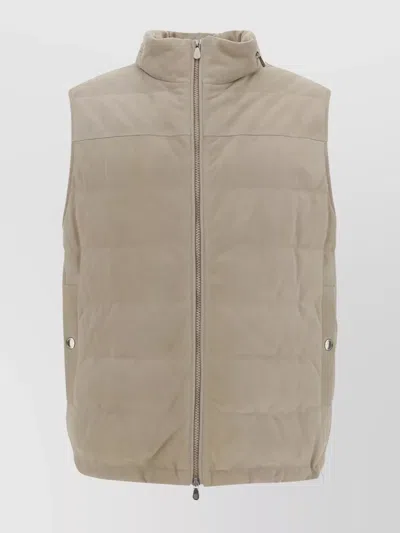 Brunello Cucinelli Quilted Leather Down Vest With Adjustable Hem In Beige