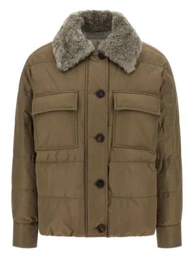 Brunello Cucinelli Quilted Coat With Plush Shearling Collar And Flap Pockets In Brown