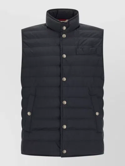 Brunello Cucinelli Quilted Techno Fabric Vest Raised Collar In Blue