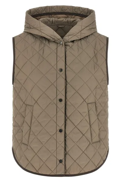 Brunello Cucinelli Hooded Curved Hem Sleeveless Quilted Vest In Brown
