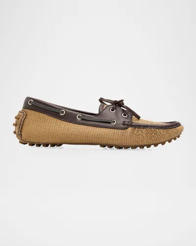 Brunello Cucinelli Raffia & Leather Boat Shoes In Brown