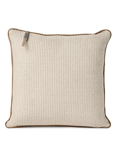 Brunello Cucinelli Raffia Effect Techno Cotton Cushion With Leather Piping In Brown