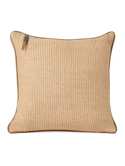 Brunello Cucinelli Raffia Effect Techno Cotton Cushion With Leather Piping In Brown