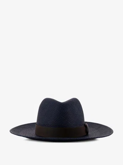 Brunello Cucinelli Raffia Fedora Hat With Monili Detail In Blue