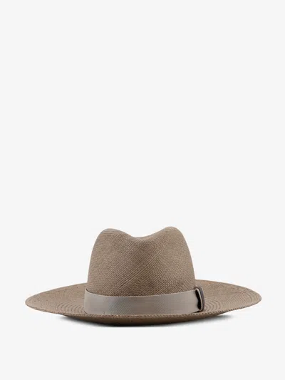 Brunello Cucinelli Raffia Fedora Hat Monili Detail Ribbon Band In Brown