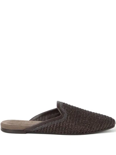 BRUNELLO CUCINELLI RAFFIA SABOT STYLE MULES IN BROWN