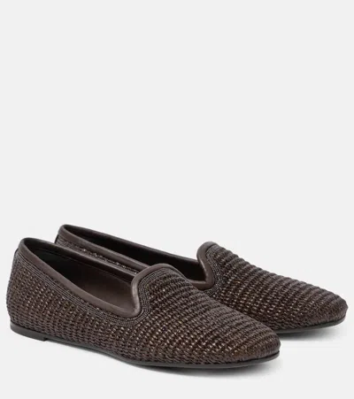 BRUNELLO CUCINELLI LEATHER-TRIMMED RAFFIA SLIPPERS
