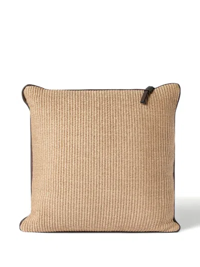 Brunello Cucinelli Raffia-effect Techno Cotton Cushion With Leather Piping In Neutral