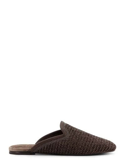 Brunello Cucinelli Rafia And Leather Sabot With Iconic Monili Detail In Brown