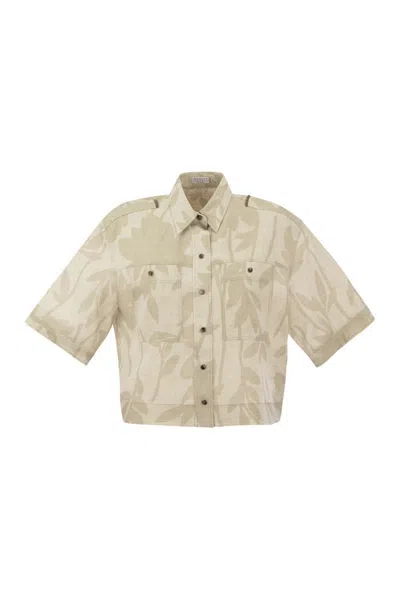 Brunello Cucinelli Ramage Print Linen Shirt With Shiny Tabs In Natural