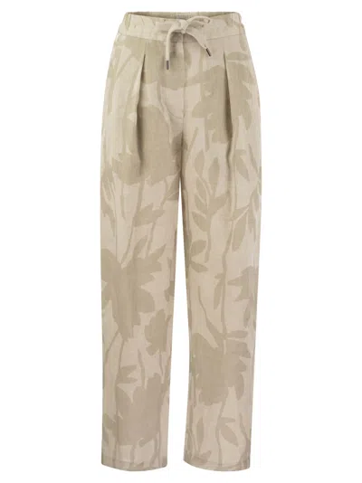 Brunello Cucinelli Ramage Print Linen Slouchy Trousers In Natural