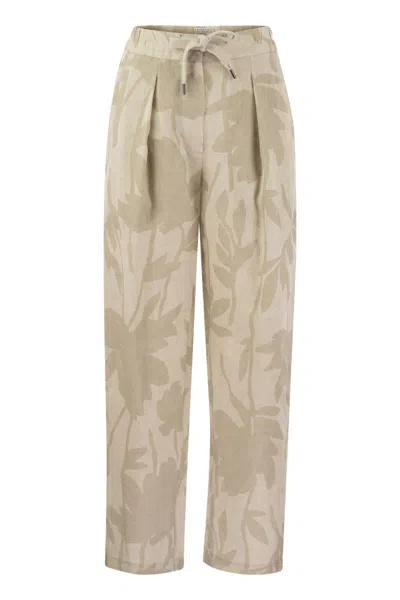 Brunello Cucinelli Ramage Print Linen Slouchy Trousers In Natural