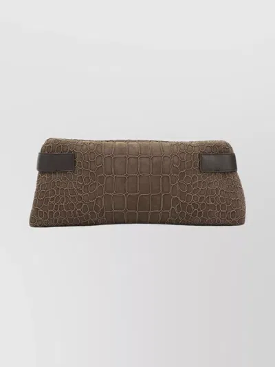 Brunello Cucinelli Rectangular Crocodile Pattern Suede Clutch Bag