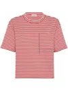 Brunello Cucinelli Red Crewneck T-shirt With All-over Striped Motif And Jewel Detail On The Front In In Red
