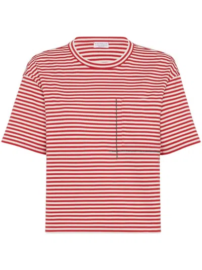 BRUNELLO CUCINELLI RED COTTON STRIPED CROPPED T-SHIRT