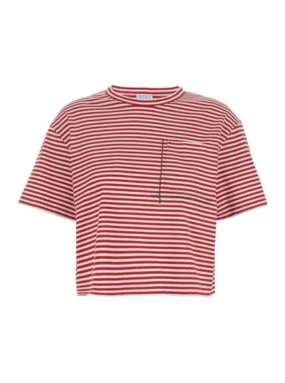 BRUNELLO CUCINELLI RED CREWNECK T-SHIRT WITH ALL-OVER STRIPED MOTIF AND JEWEL DETAIL ON THE FRONT