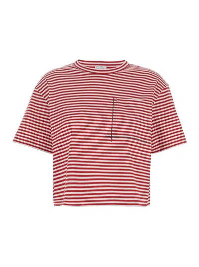 BRUNELLO CUCINELLI RED CREWNECK T-SHIRT WITH ALL-OVER STRIPED MOTIF AND JEWEL DETAIL ON THE FRONT IN COTTON WOMAN
